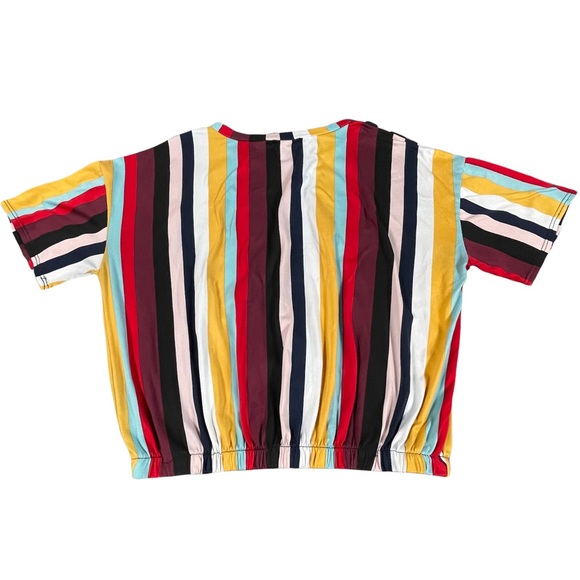 Moa Moa size large colorful striped crop top cinched waist short sleeve shirt - Picture 5 of 10